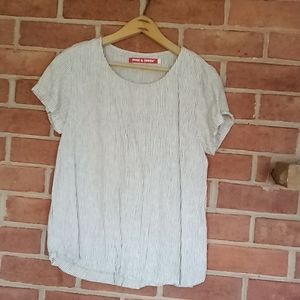 Pyne And Smith Clothiers linen blouse in the color mushroom stripe!